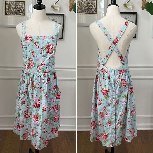 Sundress Light Blue Pink Red Rose Overall Style Midi Dress Swing Rockabilly L - Picture 1 of 8